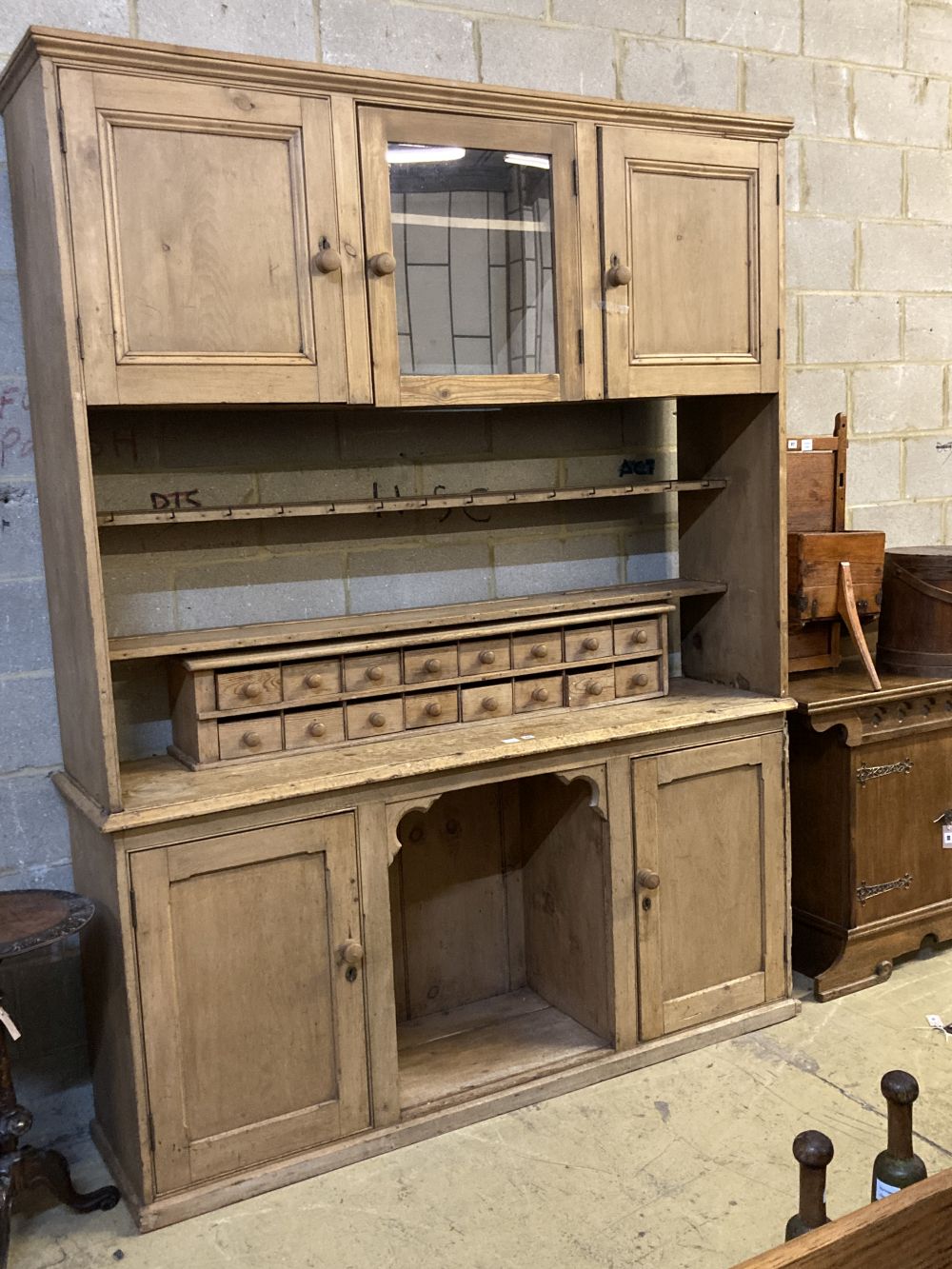 A large Victorian pine dresser, width 182cm depth 48cm height 240cm